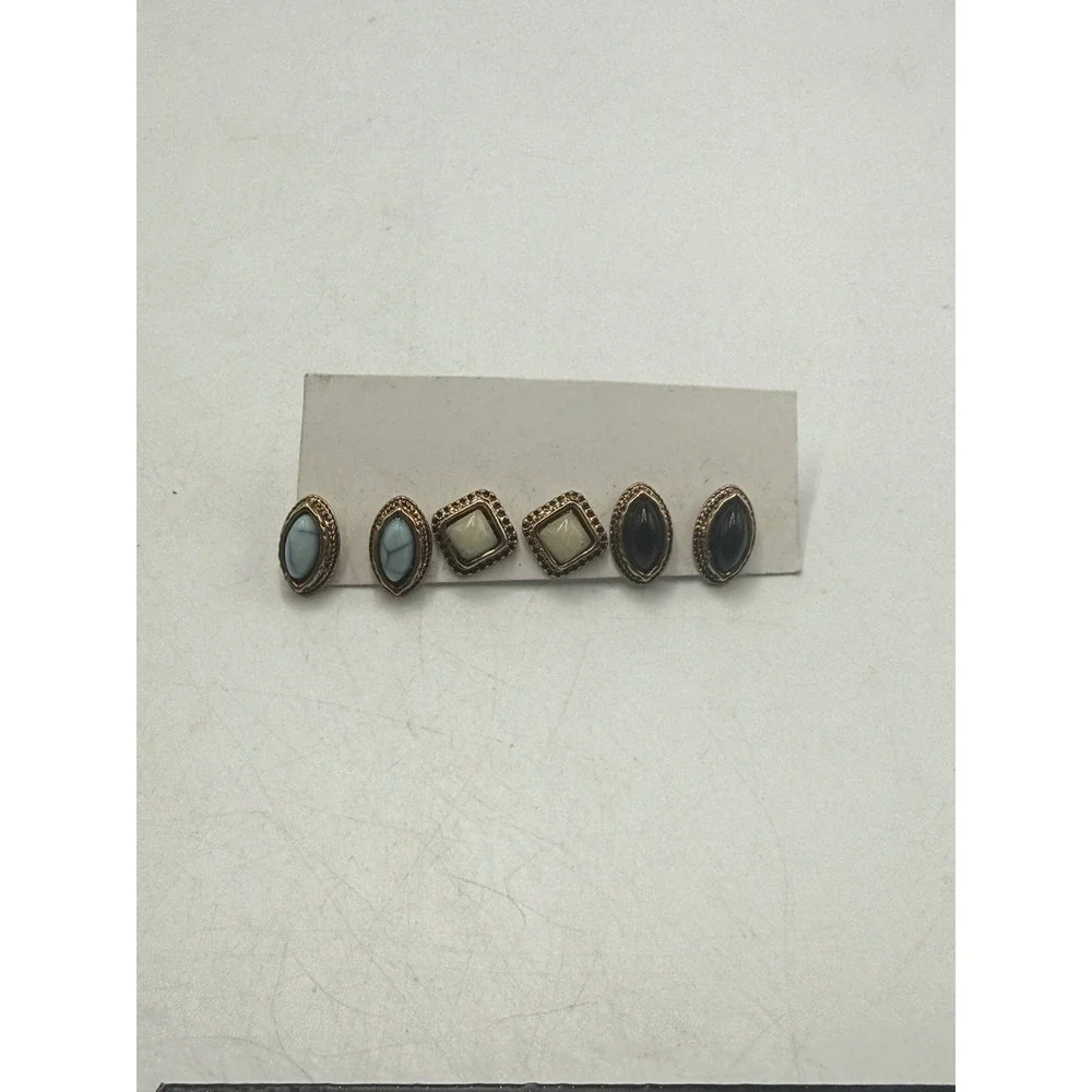 Vintage Style Gold Tone Faux Stone Stud Earrings Set 3 Pairs Blue Cream Black